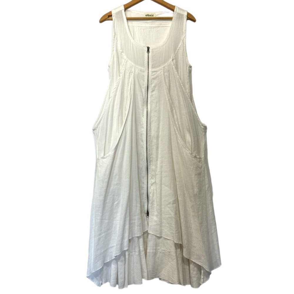 Ethnic Lagenlook White Gauze Linen Full Zip Sleeveless Midi Dress with Pockets M - Picture 11 of 11